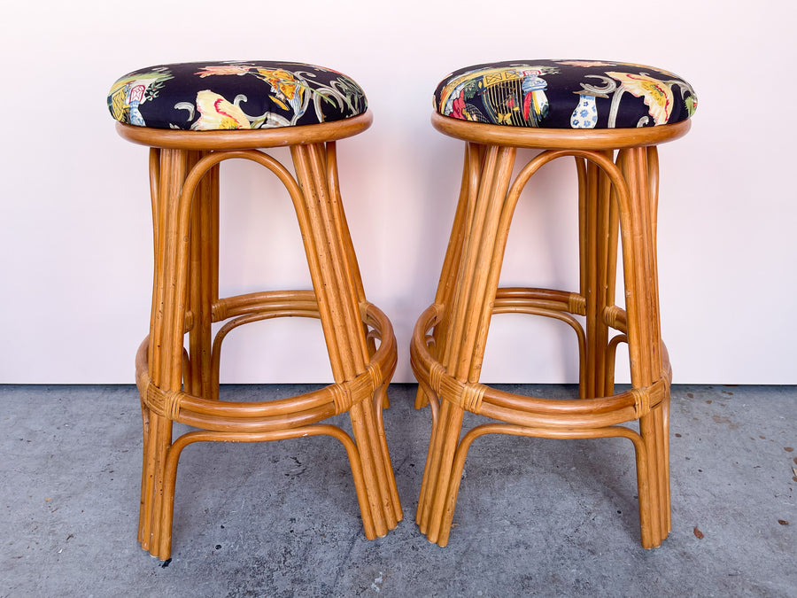 Pair of Rattan Swivel Bar Stools