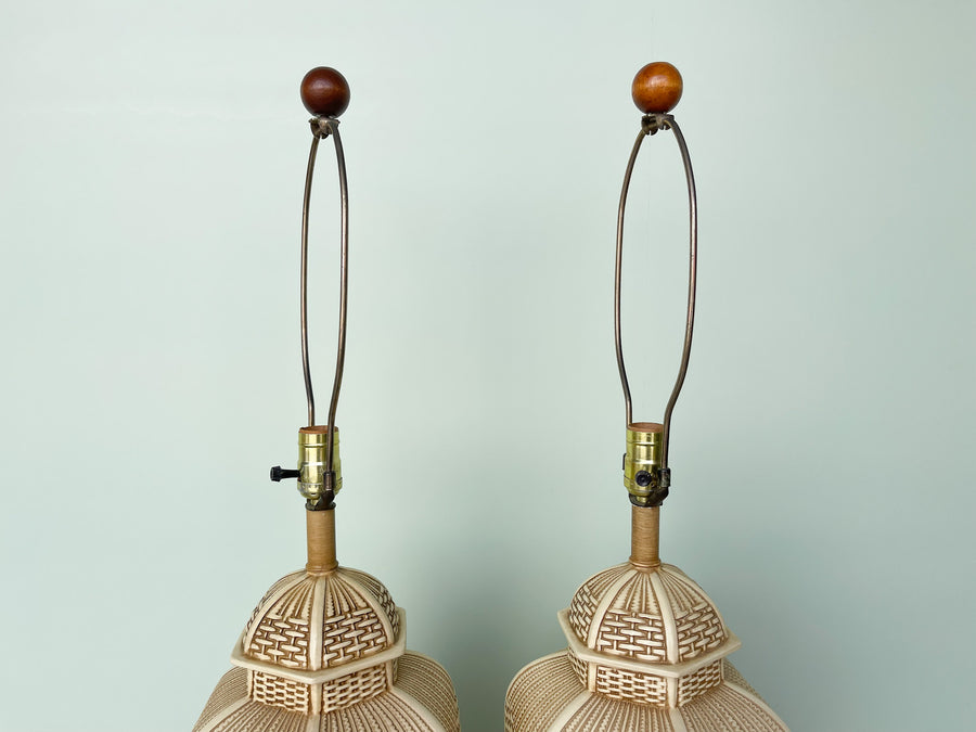 Pair of Faux Basket Ginger Jar Lamps