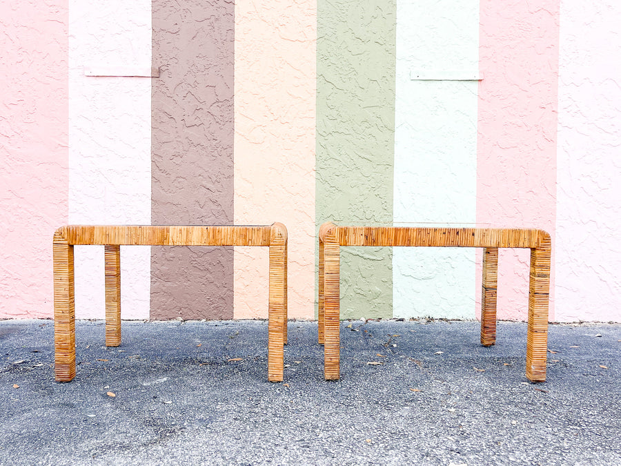 Pair of Island Chic Rattan Wrapped Side Tables