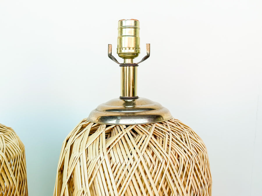 Pair of Coastal Woven Rattan Lamps
