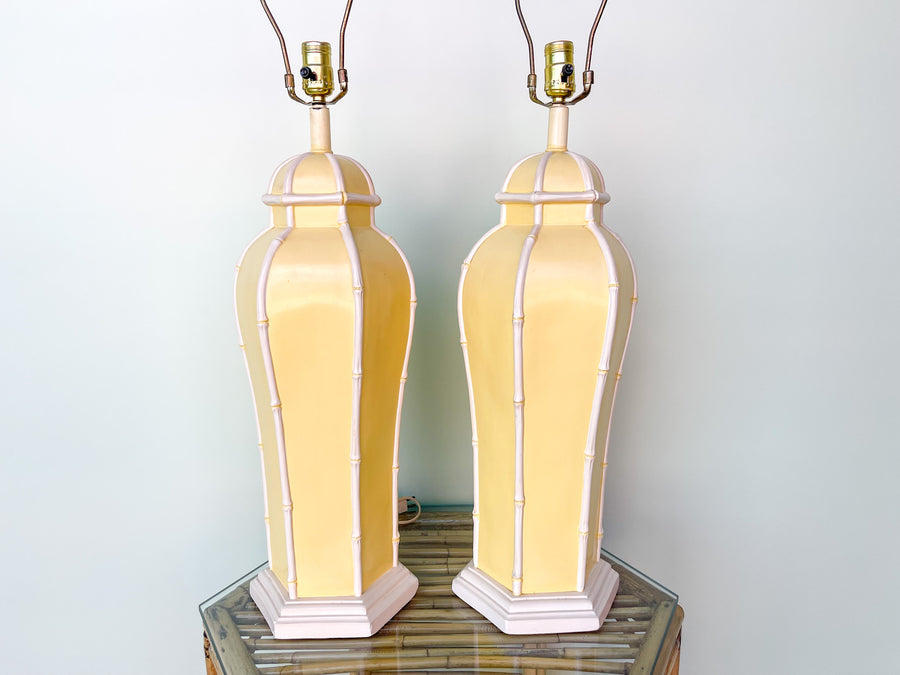 Pair of Faux Bamboo Yellow Lamps