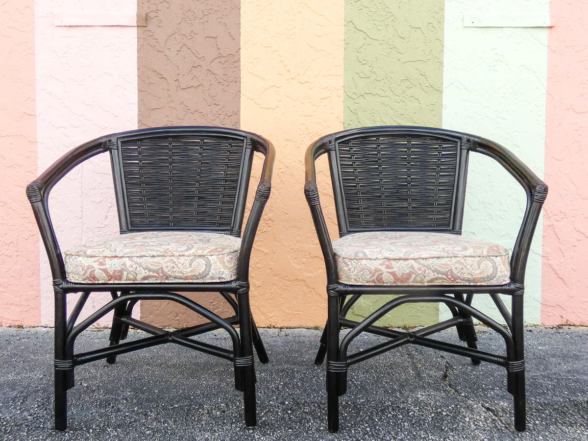 Pair of Painted Black Rattan Barrel Chairs