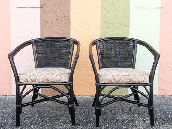Pair of Painted Black Rattan Barrel Chairs