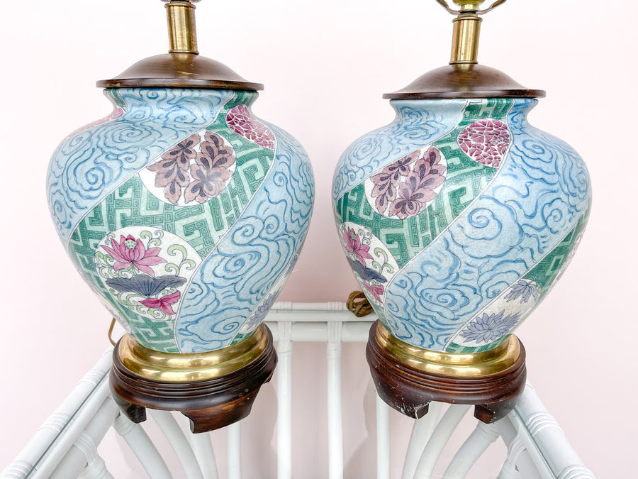 Pair of Pink and Teal Porcelain Lamps