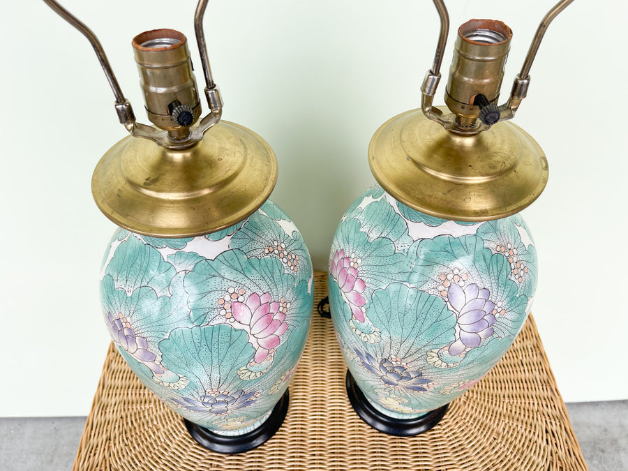 Pair of Teal Lotus Lamps