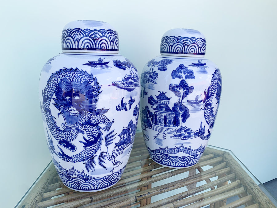 Pair of Blue and White Pagoda Ginger Jars