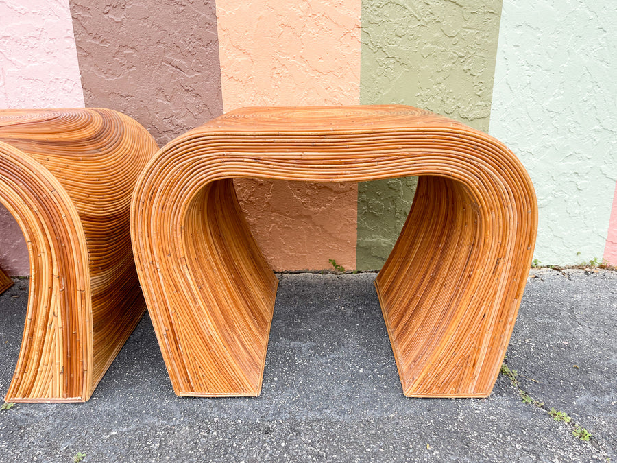 Pair of Gabriella Crespi Style Pencil Reed Rattan Side Tables
