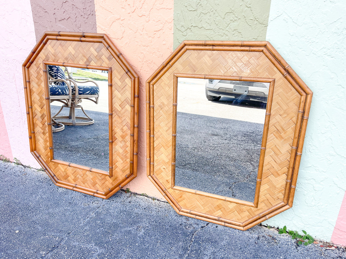 Pair of Faux Bamboo Rattan Octagon Mirrors