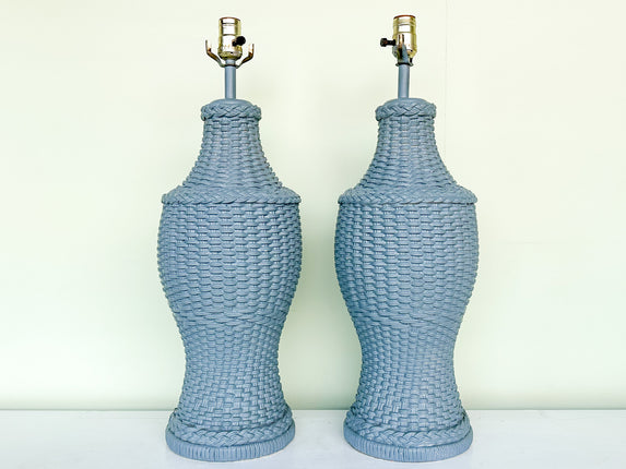 Pair of Cornflower Blue Woven Plaster Lamps