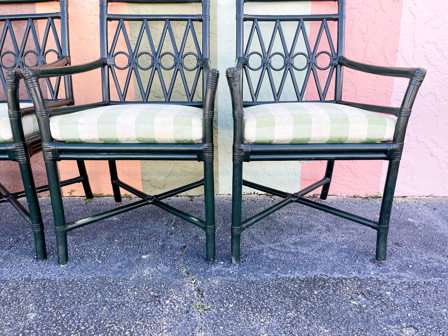 Set of Four Hunter Green Rattan Arm Chairs