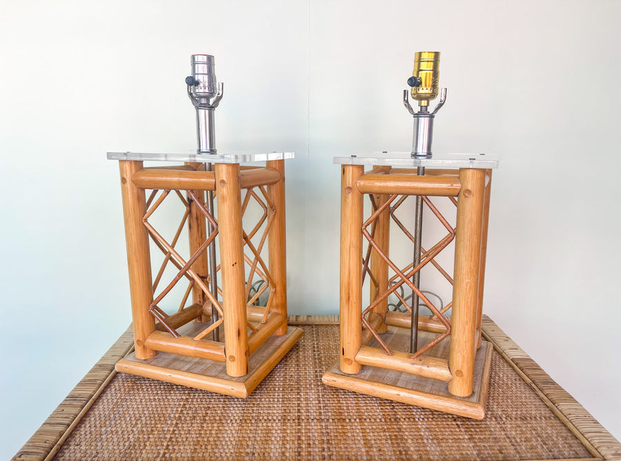 Pair of Old Florida Rattan Lamps