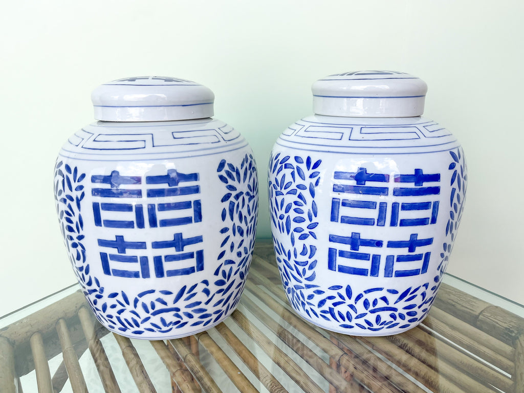 Pair of Blue and White Temple Jars