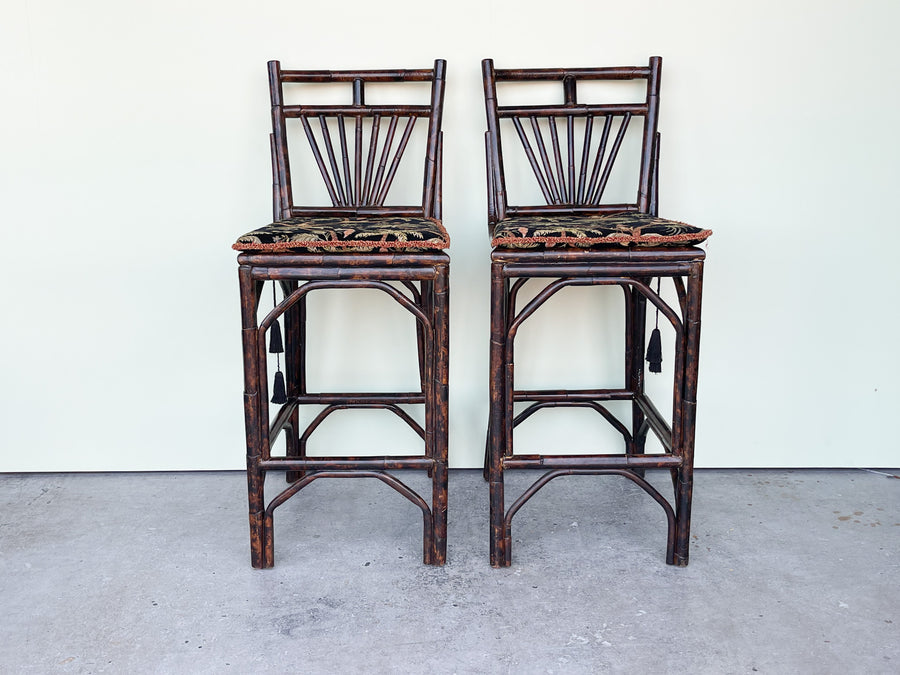 Pair of Tortoiseshell Rattan Bar Stools