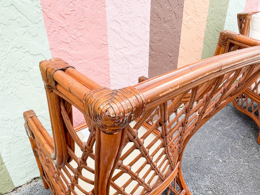 Pair of Rattan Wingback Chairs and Ottoman