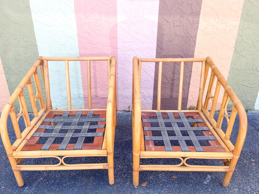 Pair of Old Florida Rattan Lounge Chairs