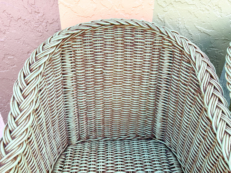 Pair of Braided Rattan Green Lounge Chairs