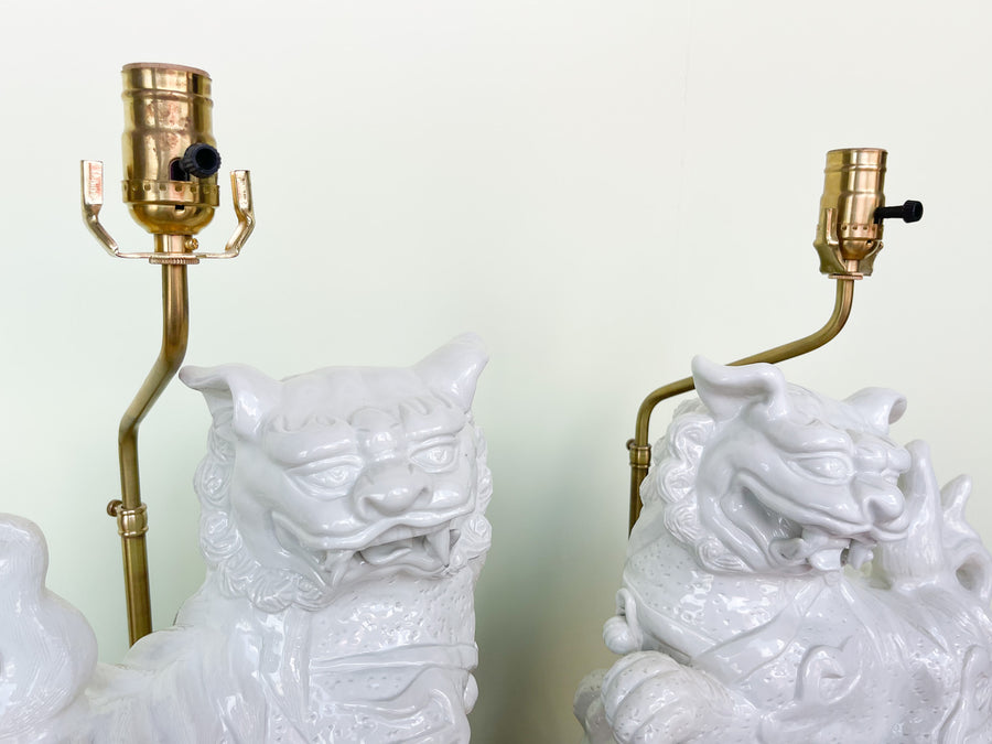 Pair of White Foo Dog Lamps