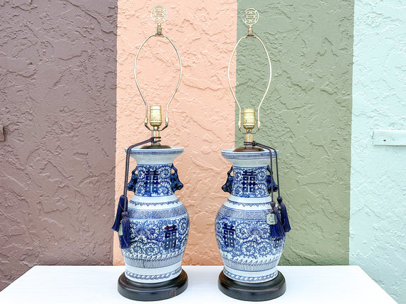 Pair of Blue and White Chinoiserie Lamps