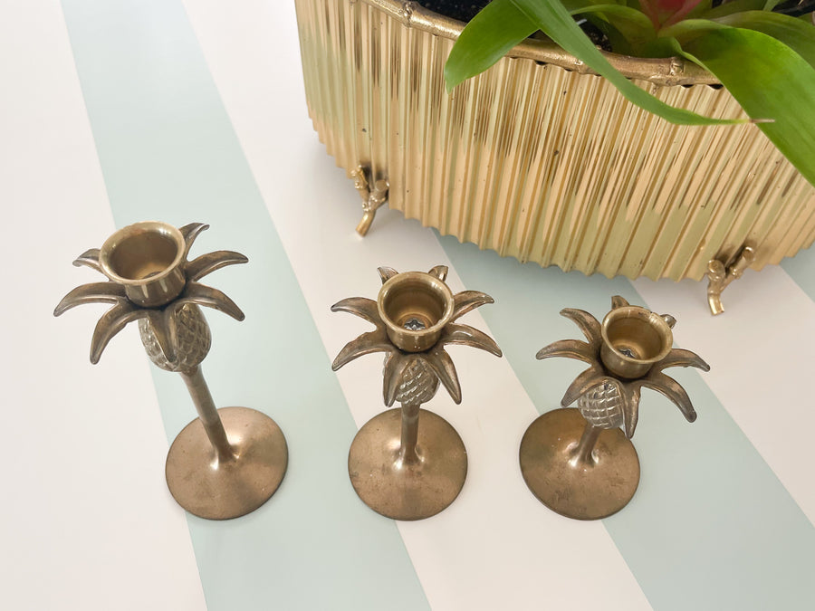 Set of Three Brass Palm Tree Candlesticks