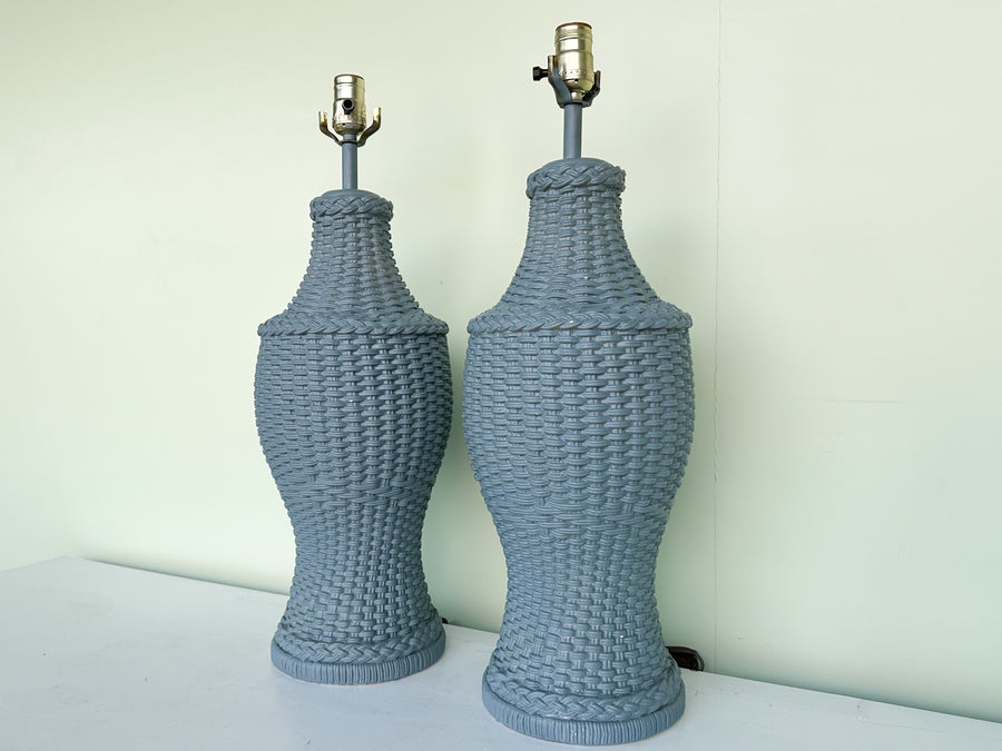 Pair of Cornflower Blue Woven Plaster Lamps