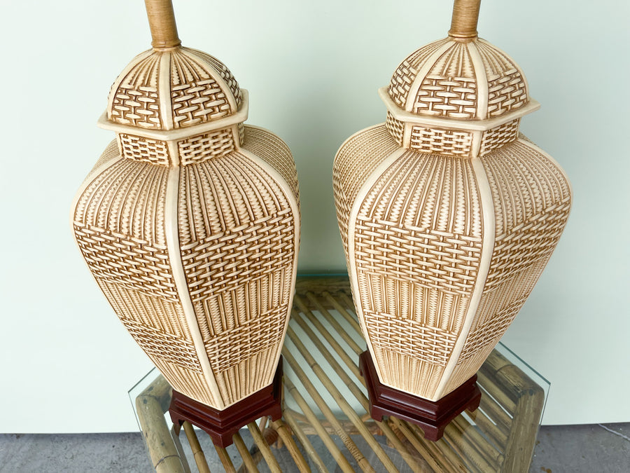 Pair of Faux Basket Ginger Jar Lamps