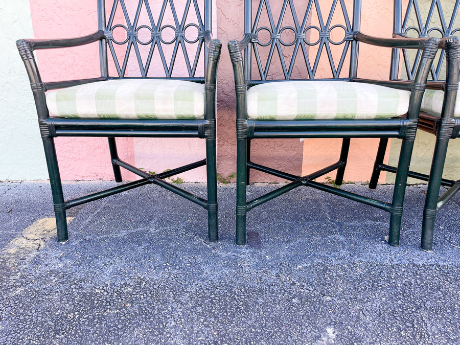 Set of Four Hunter Green Rattan Arm Chairs