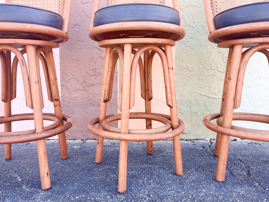 Set of Three Rattan and Cane Bar Stools