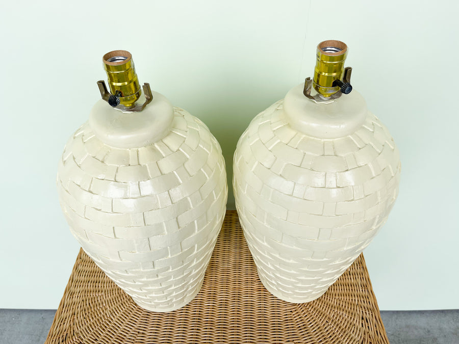 Pair of Butter Yellow Woven Plaster Lamps