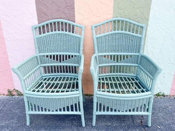 Pair of Seafoam Rattan Arm Chairs