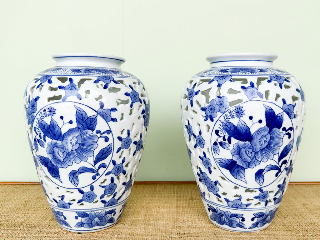 Pair of Blue and White Pierced Vases