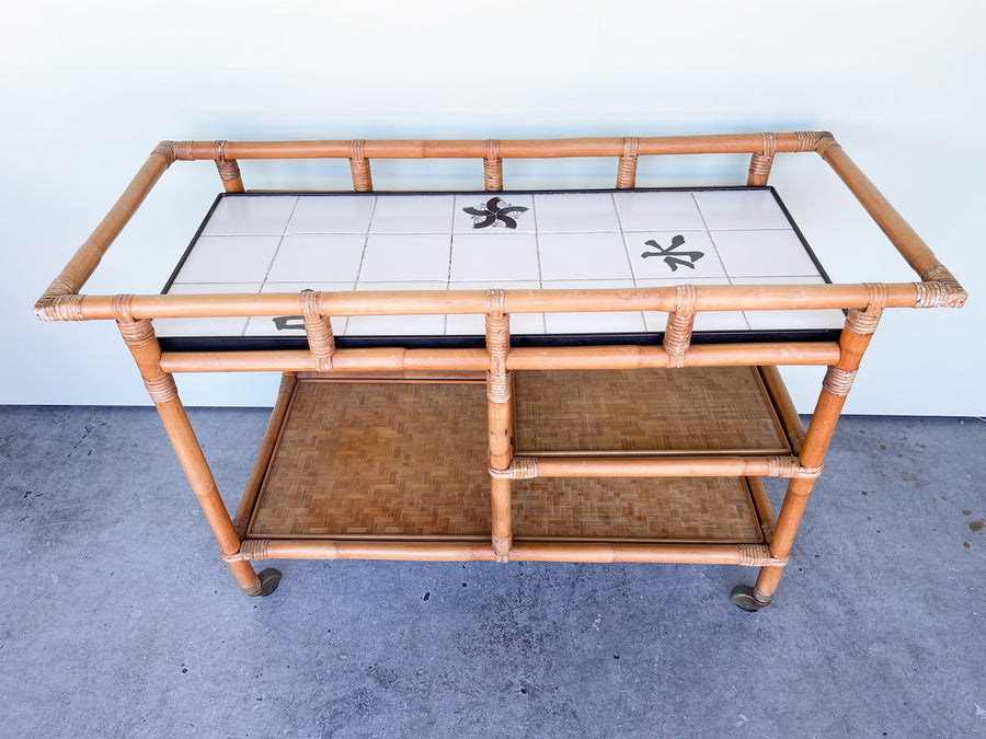 John Wisner for Ficks Reed Rattan Tile Top Cart