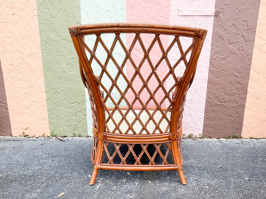 Pair of Rattan Wingback Chairs and Ottoman