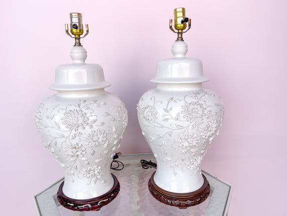 Pair of White Icing Flower Ginger Jar Lamps