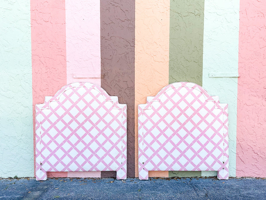 Pair of Pink Lattice Upholstered Twin Headboards
