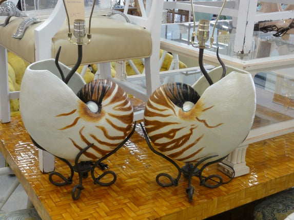 Large Pair of Faux Nautilus Shell Lamps