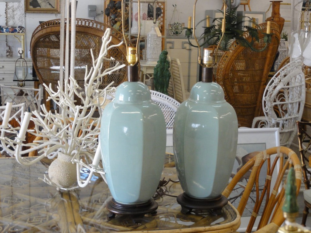Pair of Sea Glass Green Ceramic Lamps