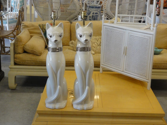 Pair of Tall Glammy Ceramic Cat Lamps