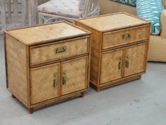 Pair of Woven Rattan Faux Bamboo Nightstands