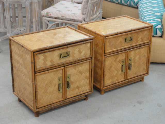 Pair of Woven Rattan Faux Bamboo Nightstands