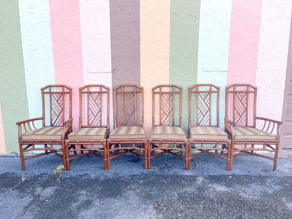 Set of Six Brown Jordan Rattan Chippendale Dining Chairs