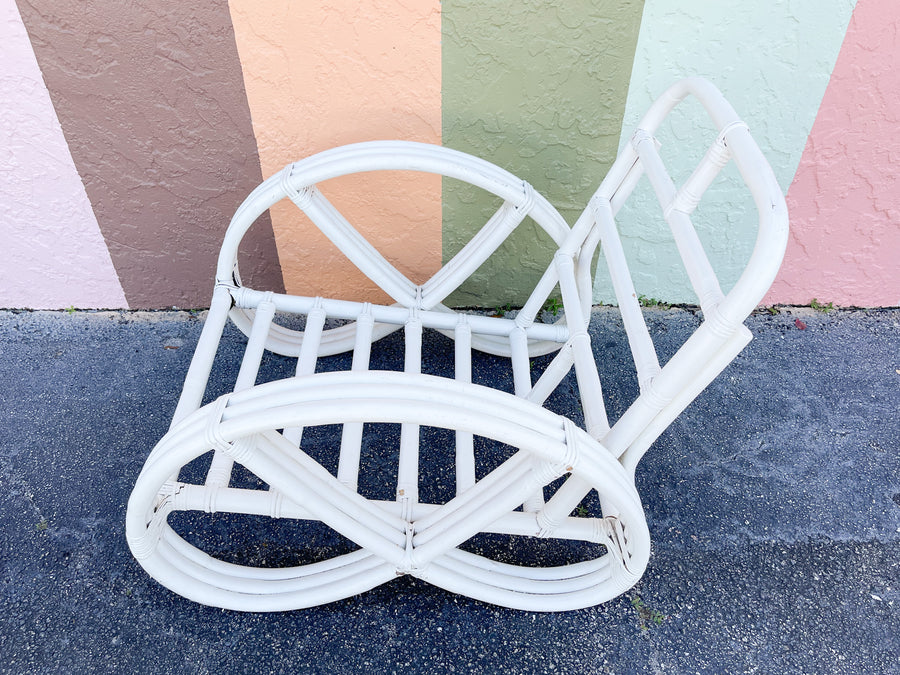 Pair of White Rattan Pretzel Chairs and Ottomans