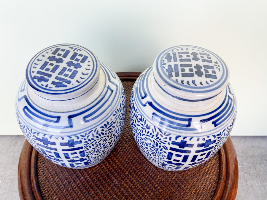 Pair of Blue and White Temple Jars