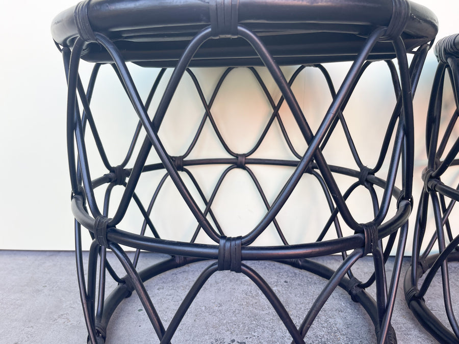 Pair of Black Rattan Drum Tables