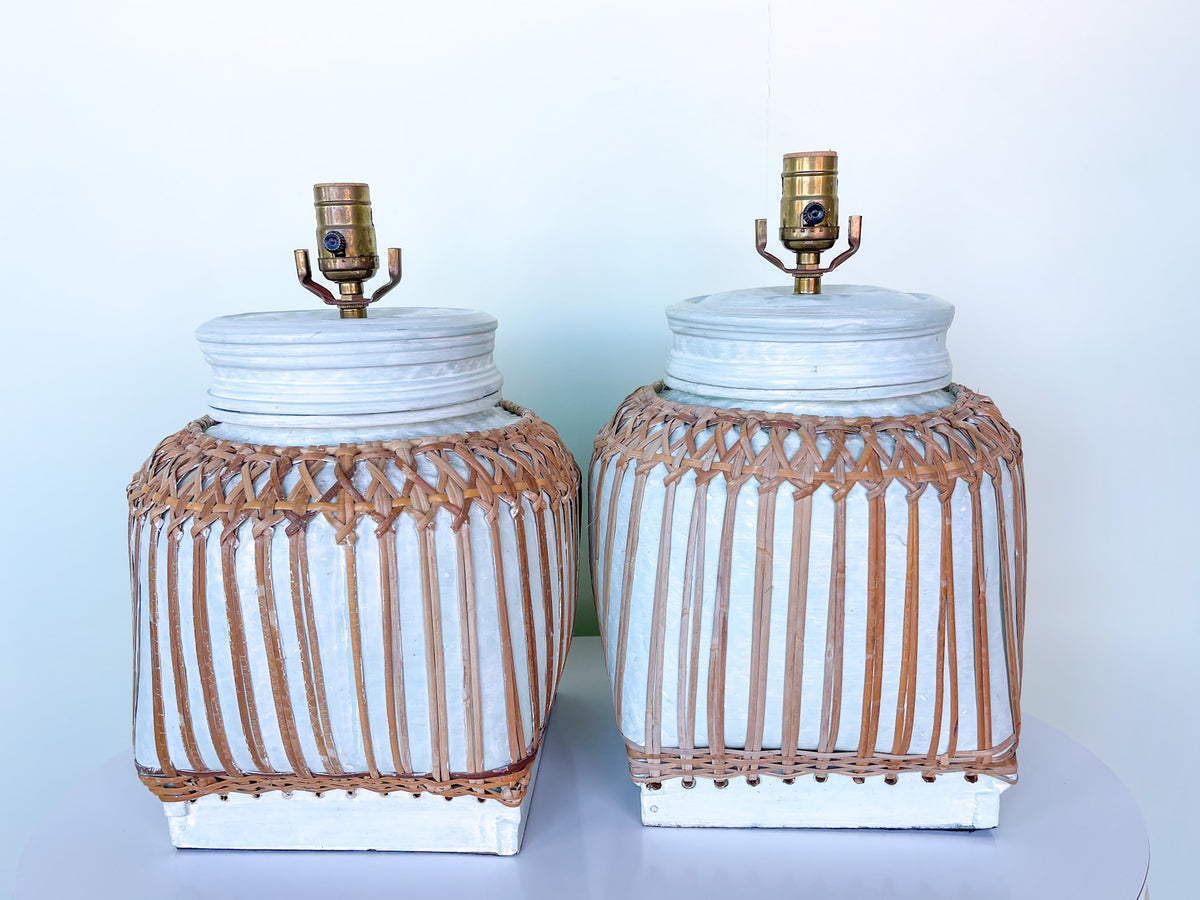 Pair of Rattan Wrapped Plaster Lamps