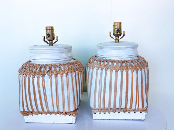 Pair of Rattan Wrapped Plaster Lamps