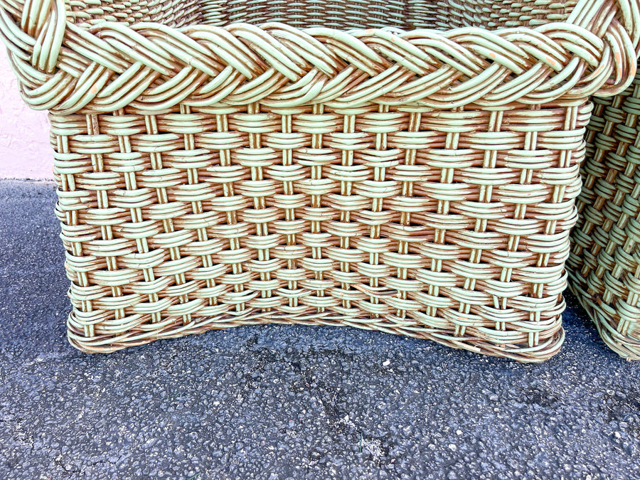Pair of Braided Rattan Green Lounge Chairs