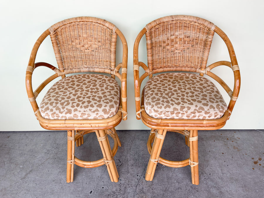 Pair of Cheetah Rattan Bar Stools