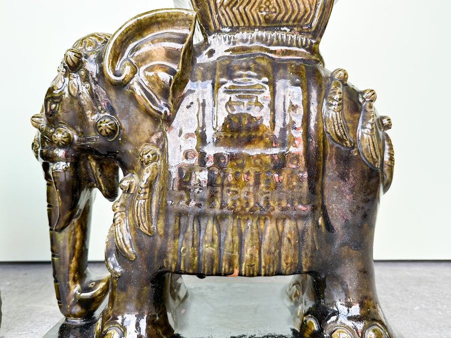 Pair of Terracotta Olive Green Elephant Garden Seats