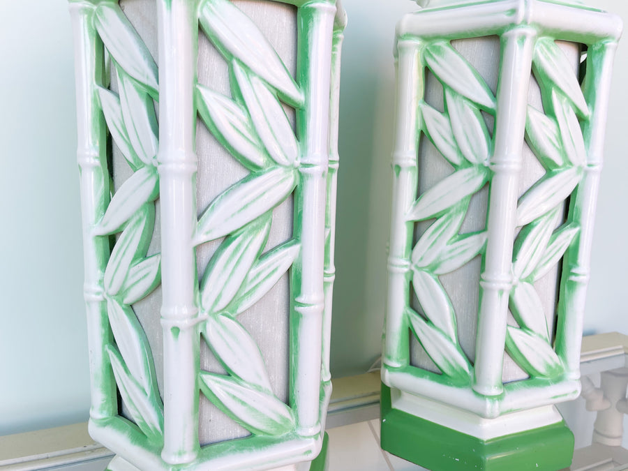 Pair of Faux Bamboo Leaf Lamps