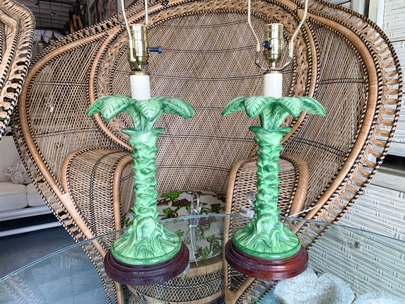 Pair of Island Chic Green Ceramic Palm Lamps